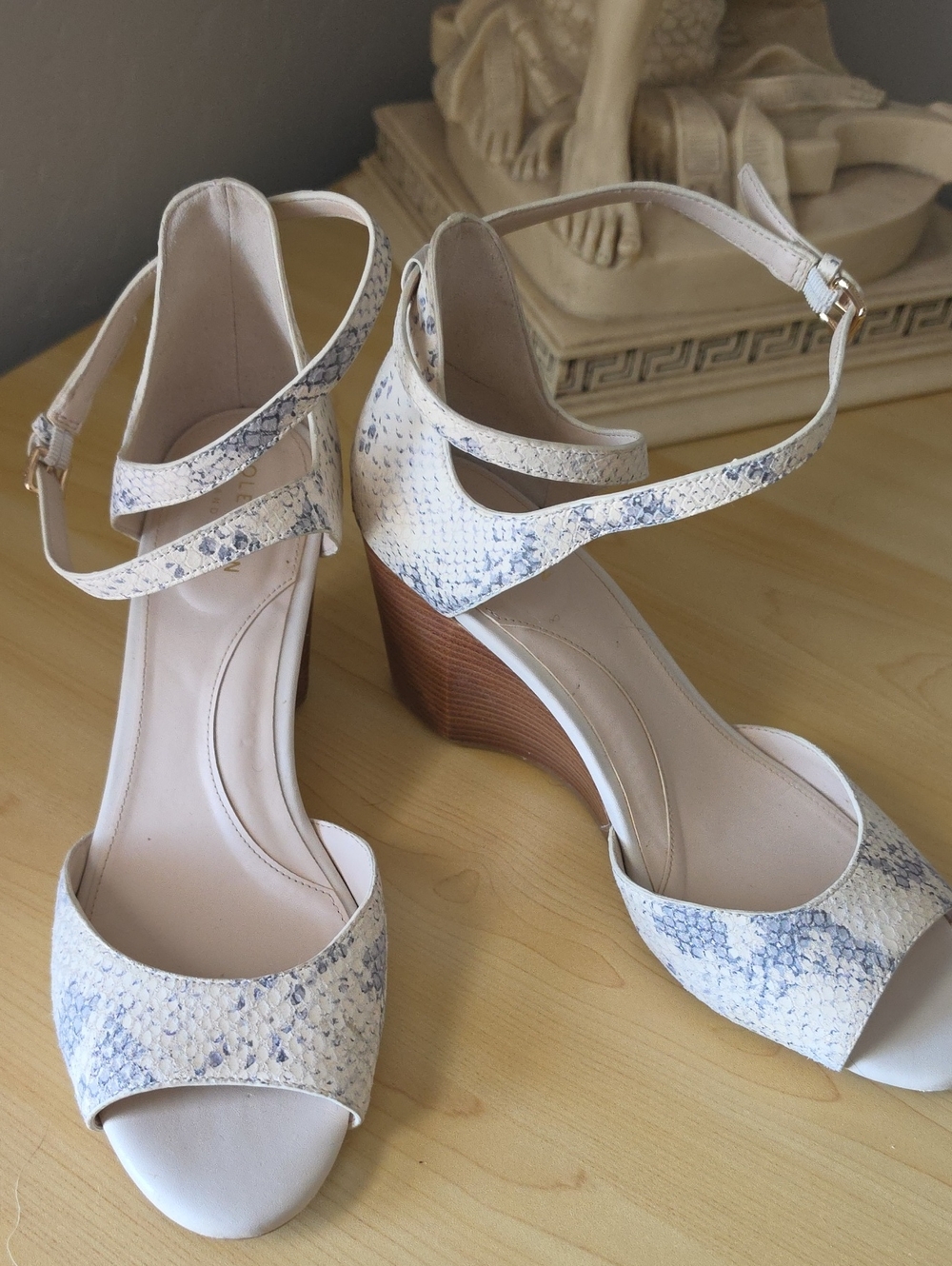 Cole Haan White Snake-Print Ankle Strap Wedge Sandals